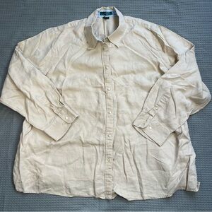 Lauren Ralph Lauren 100% Linen Shirt 2X Womens Khaki Tan Long Sleeve Roll Tab